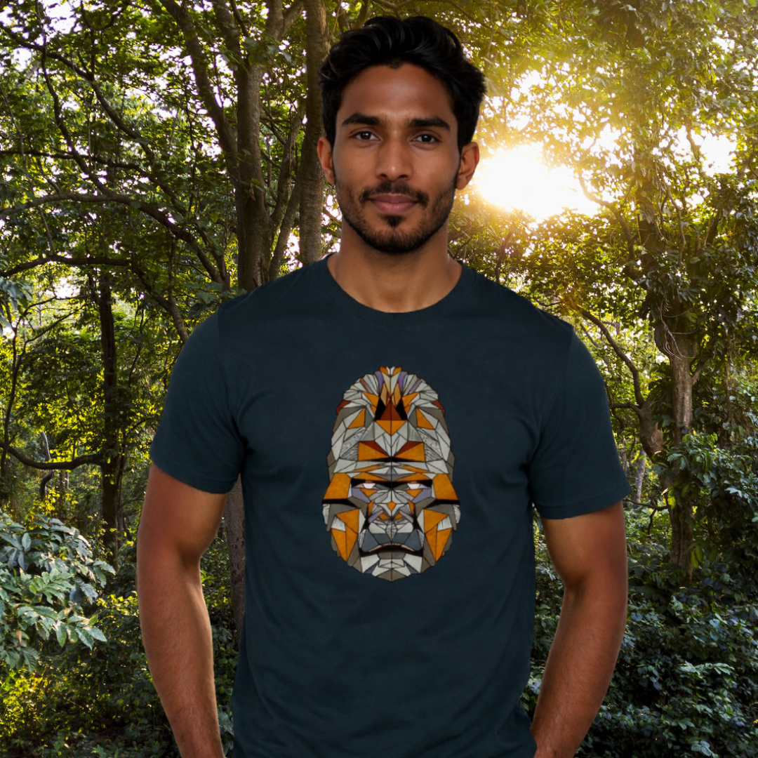 Man wearing a Demin blue Gorilla Portrait  t-shirt 