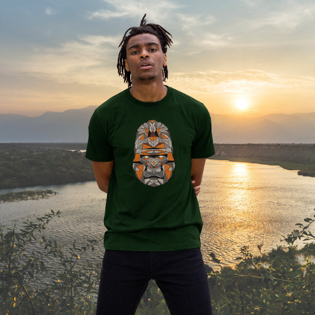 Man wearing an evergreen blue Gorilla Portrait  t-shirt 