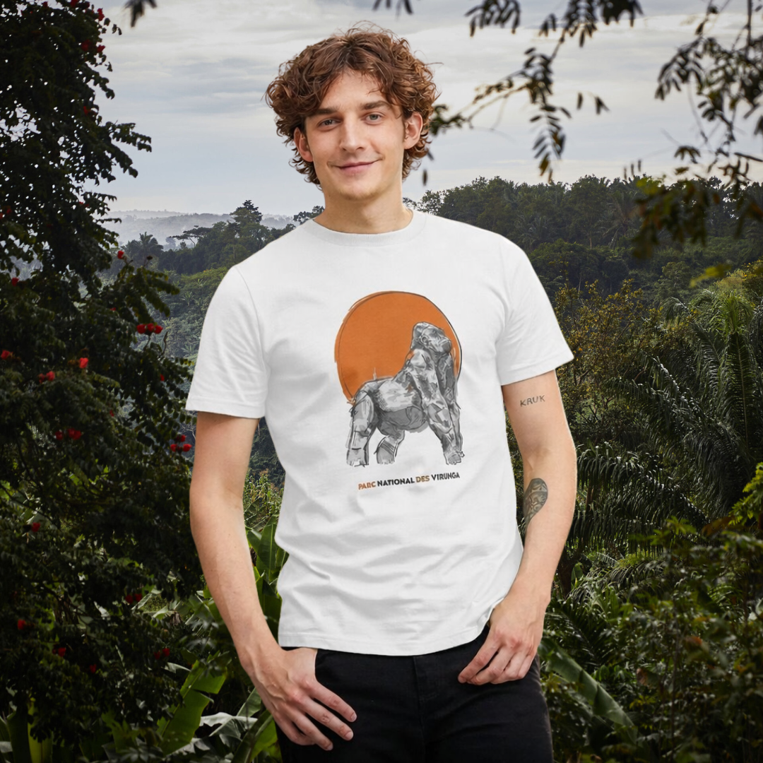 A man wearing a white Ndakasi Men's T-shirt