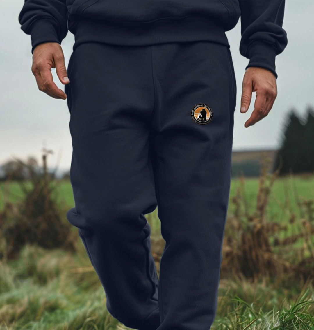 A person wearing black Virunga Logo Unisex Joggers, standing in a field.