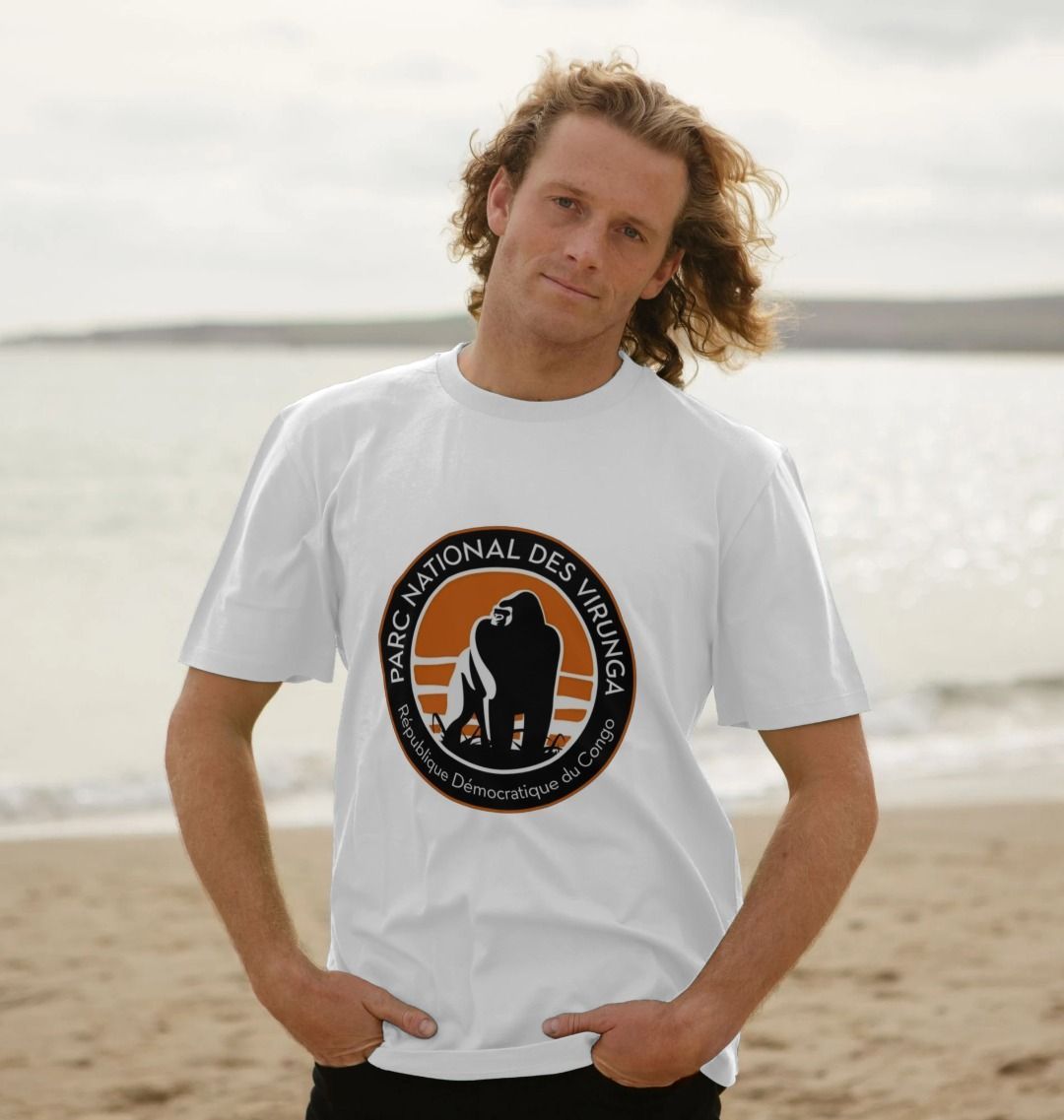 A man wearing a Virunga Logo white Men's Longline T-shirt
