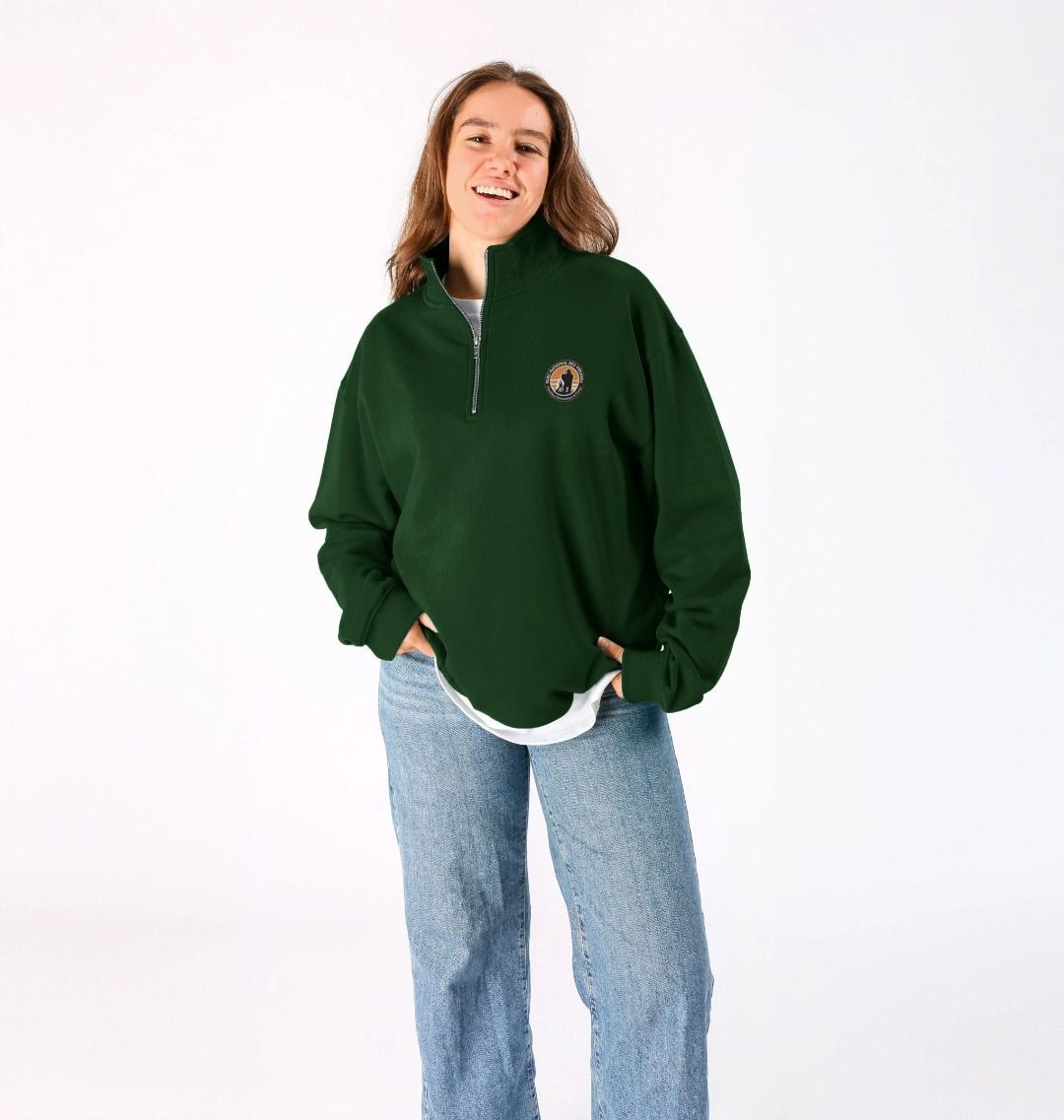 A white woman wearing an evergreen Virunga Logo Unisex Sweatshirt