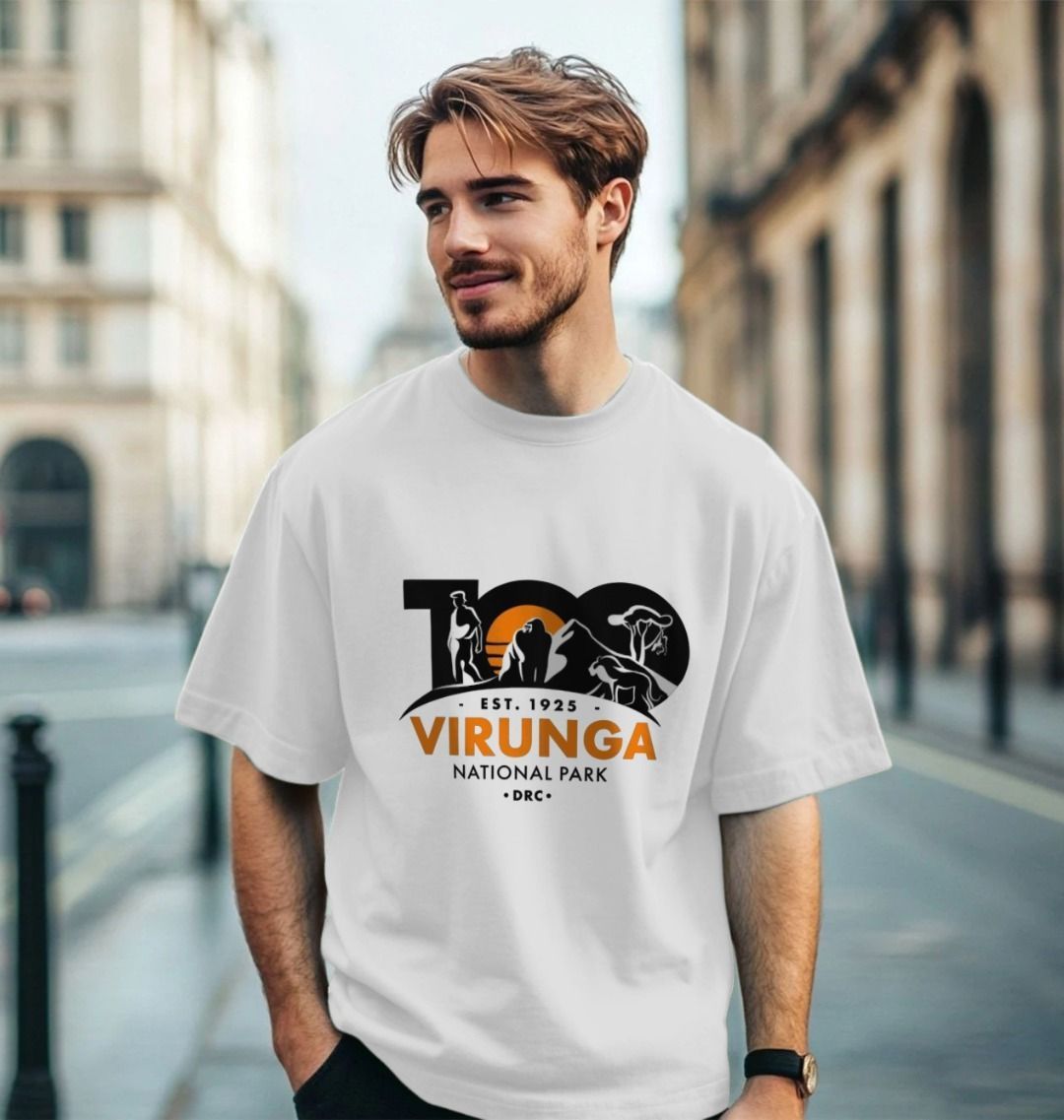 A man wearing a white Virunga 100 Men's Oversized T-shirt