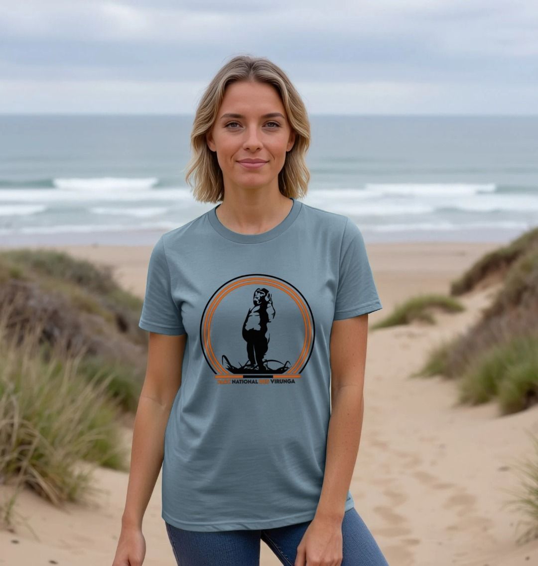 Woman wearing a stone blue Take A Stand Women's T-shirt