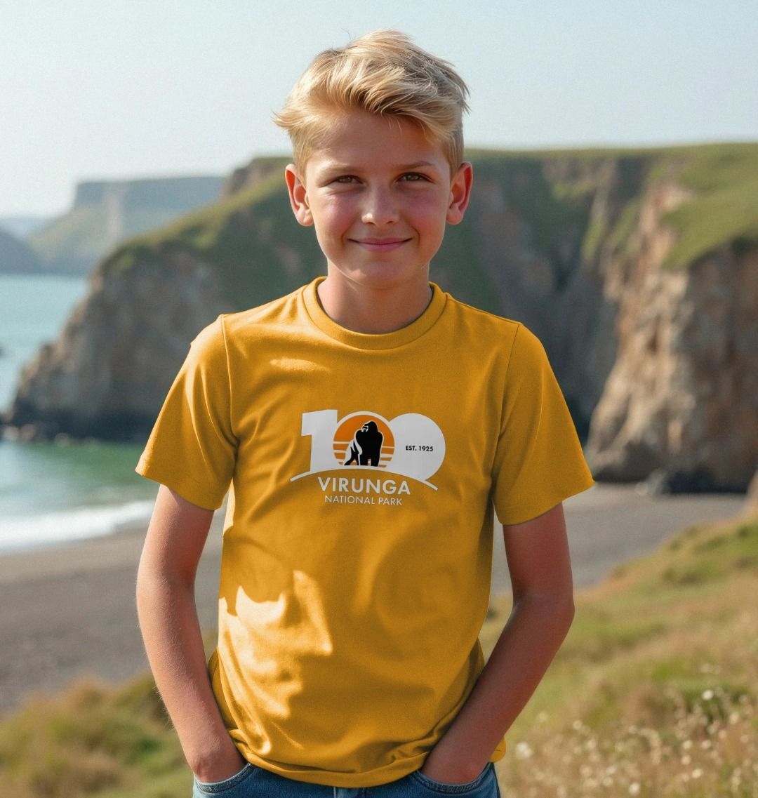 Young boy wearing a yellow Virunga 100 Kids T-shirt.