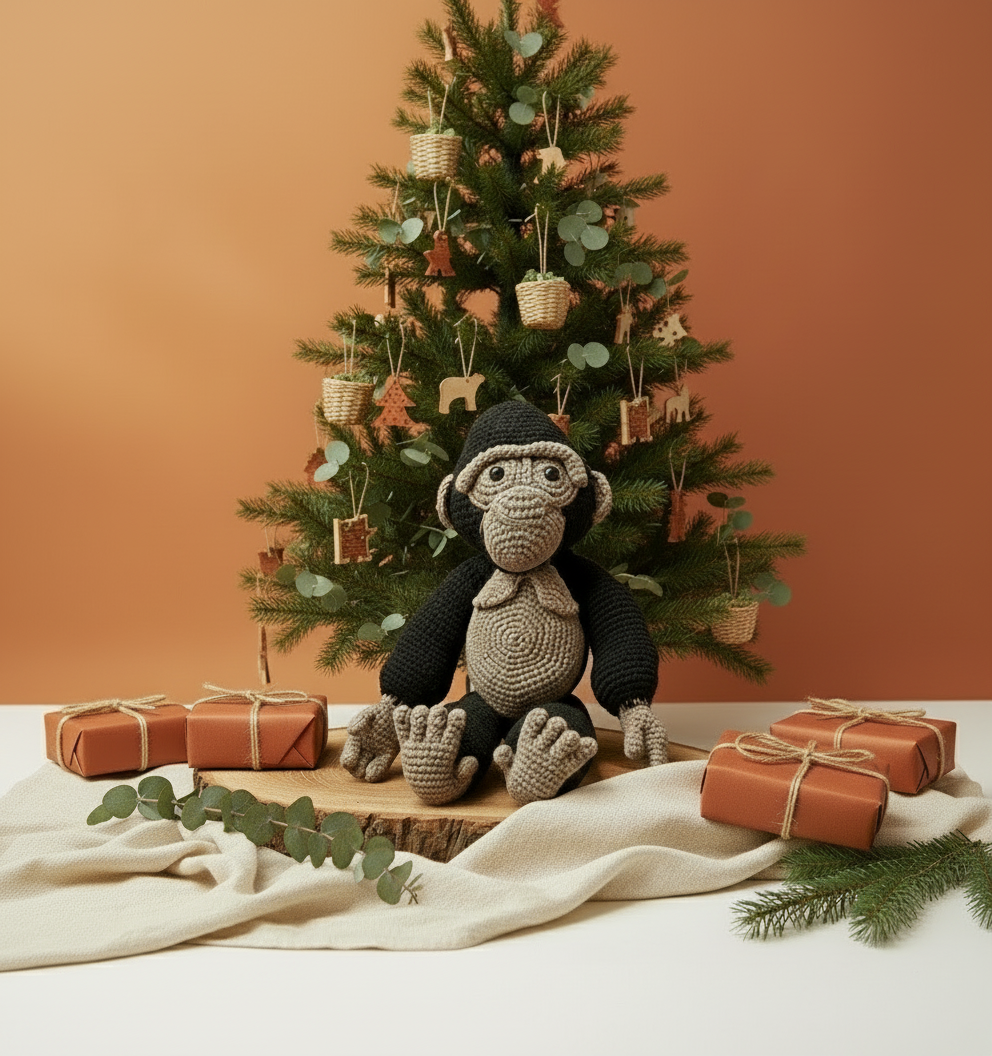 Landscape crochet gorilla scene with fewer presents