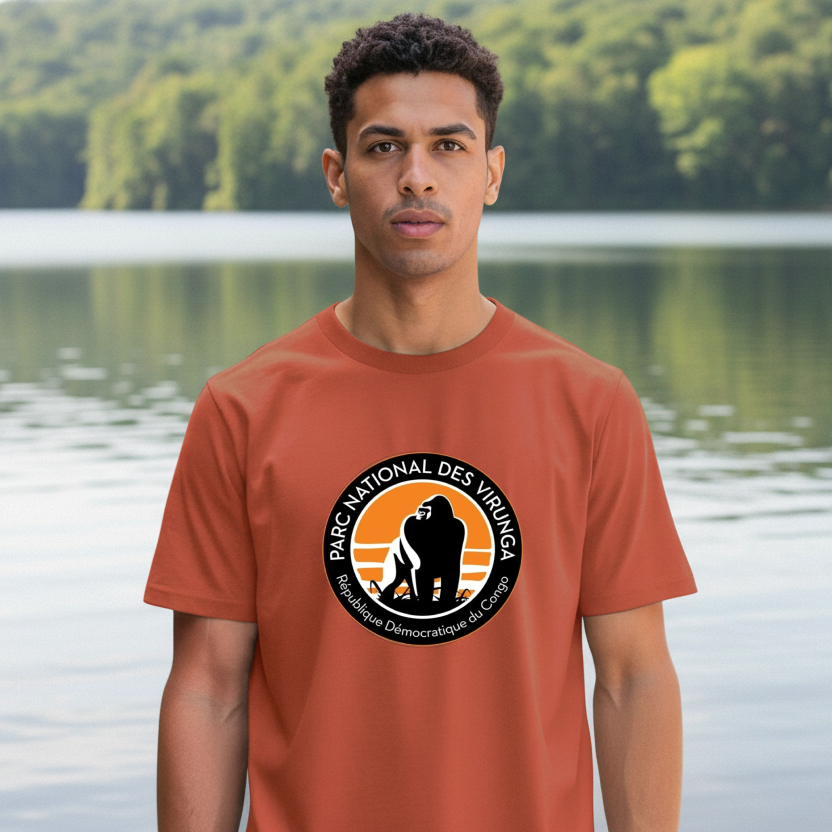 Man in Virunga t-shirt with lake background